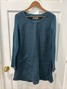 Flax Women’s Long Sleeve Tunic Dress Size Small Dark Teal Linen Lagenlook EUC